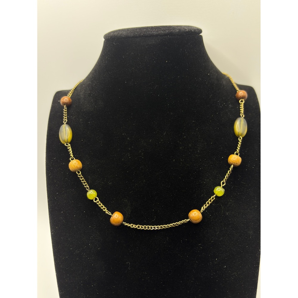 Sonoma Life + Style Green Genuine Stone and Wood Bead Brass Tone Necklace 15"